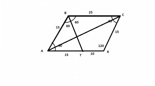 Впараллелограмме биссектриса тупого угла, равного 120 градусам, делит сторону параллелограмма на отр