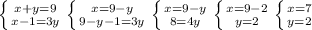 \left \{ {{x+y=9} \atop {x-1=3y}} \right. \left \{ {{x=9-y} \atop {9-y-1=3y}} \right. \left \{ {x=9-y} \atop {8=4y}} \right. \left \{ {{x=9-2} \atop {y=2}} \right. \left \{ {{x=7} \atop {y=2}} \right.