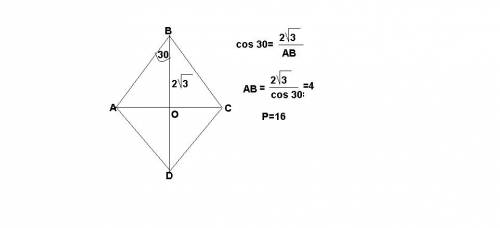 Один из углоа ромба ровняется 60 градусов, а диагональ, проведенная из этого угла, равняется 4 корен