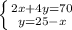 \left \{ {{2x+4y=70} \atop {y=25-x}} \right.