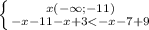 \left \{ {{x (-\infty;-11)} \atop {-x-11-x+3<-x-7+9}} \right.