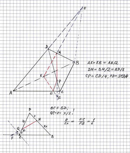 Втреугольной пирамиде abcd на ребрах ab bd и dc взяты соответственно точки k,m и p. так что ak/kb=1 