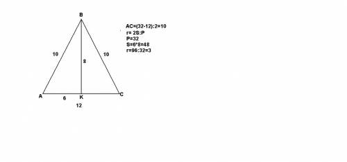 Вравнобедренный треугольник с основанием 12 см и периметром 32 см вписанна окружность. найдите радиу