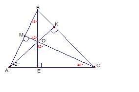 Втреугольнике авс высоты ак и ве пересекаются в точке о, угол вас равен 42 градуса. найдите величину