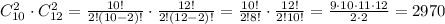 C_{10}^2\cdot C_{12}^2=\frac{10!}{2!(10-2)!}\cdot\frac{12!}{2!(12-2)!}=\frac{10!}{2!8!}\cdot\frac{12!}{2!10!}=\frac{9\cdot10\cdot11\cdot12}{2\cdot2}=2970