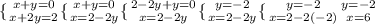  \{ {{x+y=0} \atop { x+2y=2}} \right. \{ {{x+y=0} \atop { x=2-2y}} \right. \{ {{2-2y+y=0} \atop { x=2-2y}} \right. \{ {{y=-2} \atop { x=2-2y}} \right. \{ {{y=-2} \atop { x=2-2(-2)}} \right \{ {{y=-2} \atop { x=6}} \right