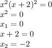 x^2(x+2)^2=0\\ x^2=0\\x_{1}=0\\ x+2=0\\ x_{2}=-2