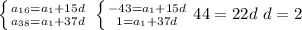  \left \{ {{a_{16}=a_{1}+15d} \atop {a_{38}=a_{1}+37d}}\\\ \left \{ {{-43=a_{1}+15d} \atop {1=a_{1}+37d}}\\\ 44=22d\\\\\\\ d=2\\\\\\ 