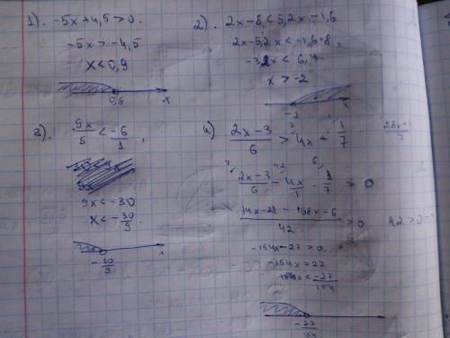 Решить линейные неравенства -5х+4,5> 0 2х-8< 5,2х-1,6 9х/5(дробь) < -6 2х-3/6 (дробь) > 