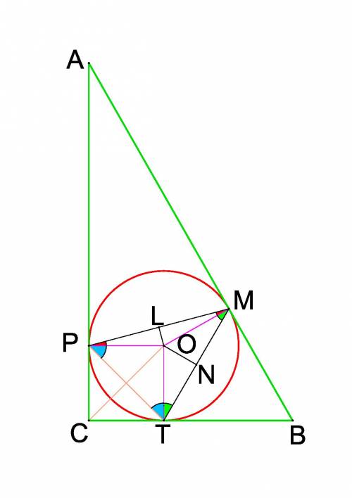 Втреугольнике abc с прямым глом c вписана окружность с центром o, касающаяся сторон треугольника ab,