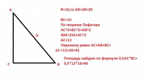 Около прямоугольного треугольника описана окружность радиуса 10см. его катет 16см. найдите периметр 