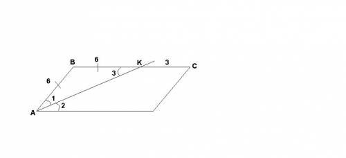 Биссектриса угла a ,abcd-параллелограмм делит вс на отрезки вк=6 см. и кс=3 см.найти периметор парал
