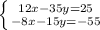  \left \{ {{12x-35y=25} \atop {-8x-15y=-55 }} \right. 