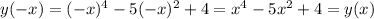 y(-x)=(-x)^4-5(-x)^2+4=x^4-5x^2+4=y(x)