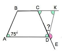 Угол а равнобедренной трапеции abcd равен 75 градусов. из точки d проведена прямая, которая пересека