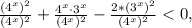 \frac{(4^x)^2}{(4^x)^2}+\frac{4^x\cdot3^x}{(4^x)^2}-\frac{2*(3^x)^2}{(4^x)^2}<0,