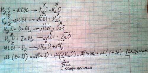 H2s+koh=x+y x+hcl()=a+ a+cucl2=b+ y+zncl2=c+ c+o2=d+ найти mr(b+d)