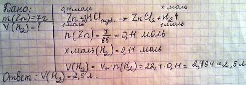 Цинк массой 7г растворили в избытке соляной кислоты, определите объём выделившегося водорода (н.у.)