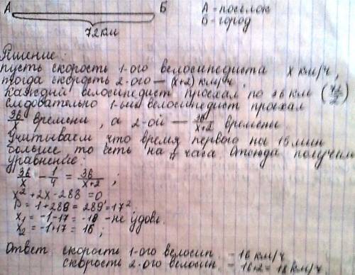 Из поселка в город расстояние между которыми 72 км выехал велосепедист .спустя 15 мин.из города ему 