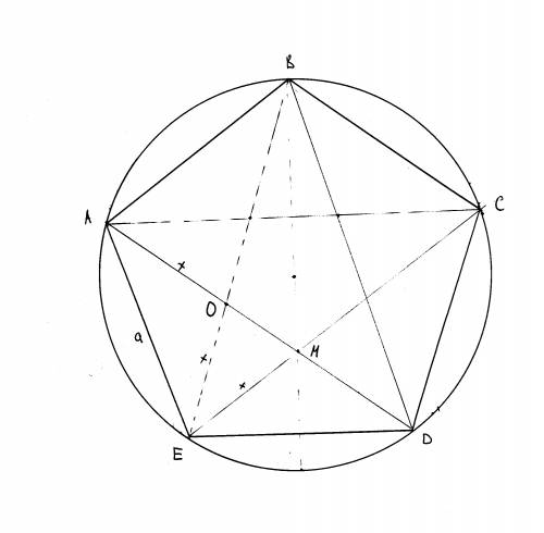 Сторона правильного пятиугольника abcde равна 2. диагонали ad и de пересекаются в точке о. найти ао