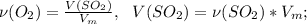 \nu(O_2)=\frac{V(SO_2)}{V_m},\ \ V(SO_2)=\nu(SO_2)*V_m;