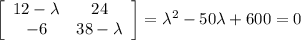 \left[\begin{array}{cc}12-\lambda&24\\-6&38-\lambda\end{array}\right]=\lambda^2-50\lambda+600=0