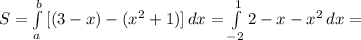 S=\int\limits^b_a {[(3-x)-(x^2+1)]} \, dx=\int\limits^1_{-2} {2-x-x^2} \, dx=