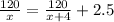 \frac{120}{x}=\frac{120}{x+4}+2.5