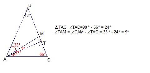 Вравнабедренном треугольнике абс, угол б=48градусов,ат-высота,ам-бисектриса, найдите угол там