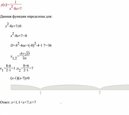 Найти область вызначень: y=(1)/(x^2-8x+7)