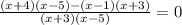 \frac{(x+4)(x-5)-(x-1)(x+3)}{(x+3)(x-5)}=0