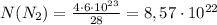 N(N_2)=\frac{4\cdot6\cdot10^{23}}{28}=8,57\cdot10^{22}