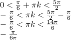 0<\frac{\pi}{6}+\pi k < \frac{5\pi}{2} \\ -\frac{\pi}{6}<\pi k < \frac{5\pi}{2}-\frac{\pi}{6} \\ -\frac{\pi}{6}<\pi k < \frac{14\pi}{6} \\ -\frac{\pi}{6\pi}