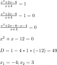 \frac{x^2+2x-8}{x+4}=1 \\ \\\frac{x^2+2x-8}{x+4}-1=0 \\ \\\frac{x^2+2x-8-x-4}{x+4}=0 \\ \\x^2+x-12=0 \\ \\D=1-4*1*(-12)=49 \\ \\x_1=-4 ; x_2=3