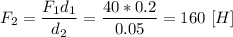 F_{2} = \dfrac{F_{1}d_{1}}{d_{2}} = \dfrac{40*0.2}{0.05} = 160 \ [H]