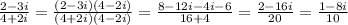 \frac{2-3i}{4+2i}=\frac{(2-3i)(4-2i)}{(4+2i)(4-2i)}=\frac{8-12i-4i-6}{16+4}=\frac{2-16i}{20}=\frac{1-8i}{10}