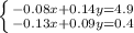 \left \{ {{-0.08x+0.14y=4.9} \atop {-0.13x+0.09y=0.4}} \right.