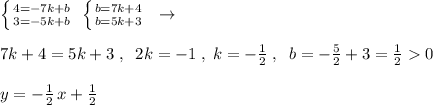 \left \{ {{4=-7k+b} \atop {3=-5k+b}} \right. \; \left \{ {{b=7k+4} \atop {b=5k+3}} \right. \; \; \to \\\\7k+4=5k+3\; ,\; \; 2k=-1\; ,\; k=-\frac{1}{2}\; ,\; \; b=-\frac{5}{2}+3=\frac{1}{2}0\\\\y=-\frac{1}{2}\, x+\frac{1}{2}