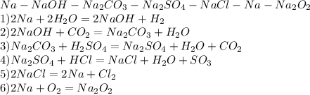 Na-NaOH-Na_2CO_3-Na_2SO_4-NaCl-Na-Na_2O_2\\1)2Na+2H_2O=2NaOH+H_2\\2)2NaOH+CO_2=Na_2CO_3+H_2O\\3)Na_2CO_3+H_2SO_4=Na_2SO_4+H_2O+CO_2\\4)Na_2SO_4+HCl=NaCl+H_2O+SO_3\\5)2NaCl=2Na+Cl_2\\6)2Na+O_2=Na_2O_2