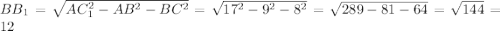 BB_1=\sqrt{AC_1^2-AB^2-BC^2}=\sqrt{17^2-9^2-8^2}=\sqrt{289-81-64}=\sqrt{144}=12