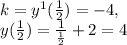 k=y^{1}(\frac{1}{2}})=-4 , \\ y(\frac{1}{2})= \frac{1}{\frac{1}{2}}+2=4 