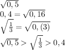  \sqrt{0,5} \\\ 0,4= \sqrt{0,16} \\\ \sqrt{ \frac{1}{3} } = \sqrt{0,(3)} \\\ \sqrt{0,5} \sqrt{ \frac{1}{3} } 0,4