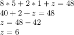 8*5+2*1+z=48\\&#10;40+2+z=48\\&#10;z=48-42\\&#10;z=6