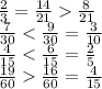  \frac{2}{3}= \frac{14}{21} \frac{8}{21}&#10;\\\&#10; \frac{7}{30} <\frac{9}{30}=\frac{3}{10}&#10;\\\&#10; \frac{4}{15}< \frac{6}{15}= \frac{2}{5}&#10;\\\&#10; \frac{19}{60} \frac{16}{60}=\frac{4}{15}