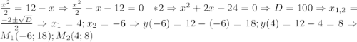 \frac{{x}^{2}}{2}=12-x\Rightarrow \frac{{x}^{2}}{2}+x-12=0\mid *2\Rightarrow {x}^{2}+2x-24=0\Rightarrow D=100\Rightarrow x_{1,2}=\frac{-2\pm \sqrt{D}}{2}\Rightarrow x_1=4; x_2=-6\Rightarrow y(-6)=12-(-6)=18; y(4)=12-4=8\Rightarrow M_1(-6;18); M_2(4;8)