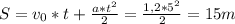 S = v_{0}*t+ \frac{a*t^{2}}{2} = \frac{1,2*5^{2}}{2} =15m