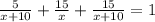 \frac{5}{x+10}+\frac{15}{x}+\frac{15}{x+10}=1