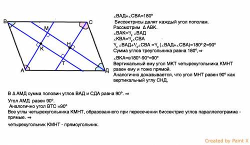 Докажите, что биссектрисы углов произвольного параллелограмма при пересечении образуют прямоугольник