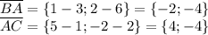 \overline{BA}=\{1-3; 2-6\}=\{-2;-4\}\\ \overline{AC}=\{5-1;-2-2\}=\{4;-4\}