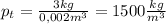 p_t= \frac{3kg}{0,002m^3}=1500 \frac{kg}{m^3} 